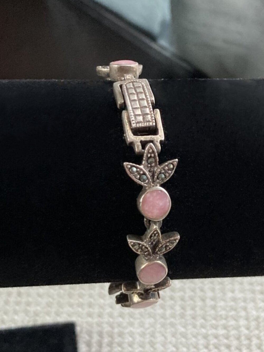 Marcasite Leaves, Pink MOP? Lucite? 7.5" Link Bracelet, GLOWS, Sterling, VINTAGE